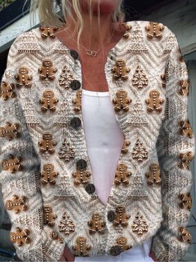 Gingerbread Cookie Christmas Cardigan Cozy Holiday Sweater
